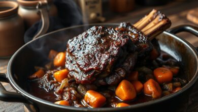 A costela assada, já desfiada e brilhante, repousa sobre um leito de vegetais caramelizados, pronta para servir.