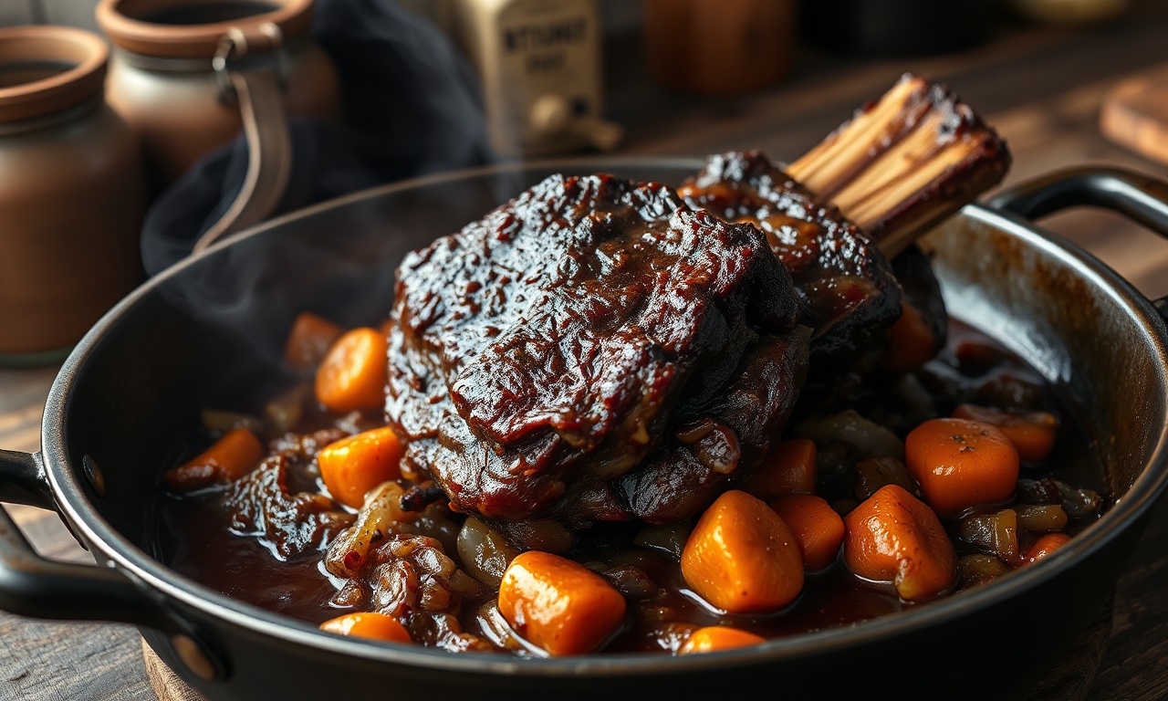 A costela assada, já desfiada e brilhante, repousa sobre um leito de vegetais caramelizados, pronta para servir.