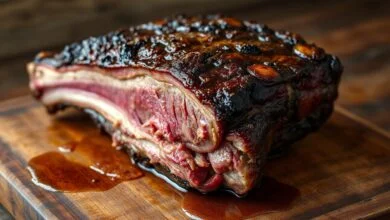 Uma costela bovina gigante, com a carne dourada e tão macia que se desfaz, servida em uma tábua de madeira rústica, pronta para alimentar uma grande família.