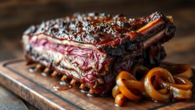 Peça de costela inteira, dourada e suculenta saindo do forno