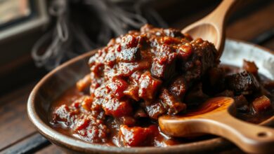 Costela bovina desfiada banhada por molho de tomate caramelizado, com cor dourada intensa e textura macia, servida em prato rústico