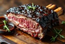 A costela macia e dourada, com a casca caramelizada pelo molho barbecue, pronta para ser servida.