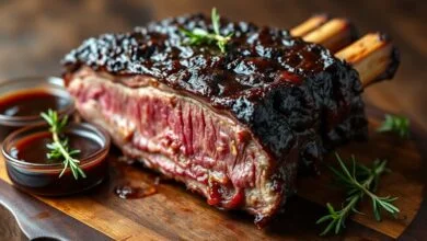 A costela macia e dourada, com a casca caramelizada pelo molho barbecue, pronta para ser servida.