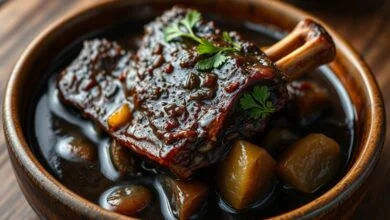Um prato de costela bovina macia, coberta por um molho escuro e brilhante de cerveja preta, com cebolas caramelizadas e desmanchadas ao redor, servida em um prato de cerâmica rústico.