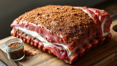 Costela de porco com uma generosa camada de dry rub, formando uma crosta escura, brilhante e aromática, pronta para ir ao forno ou churrasqueira.