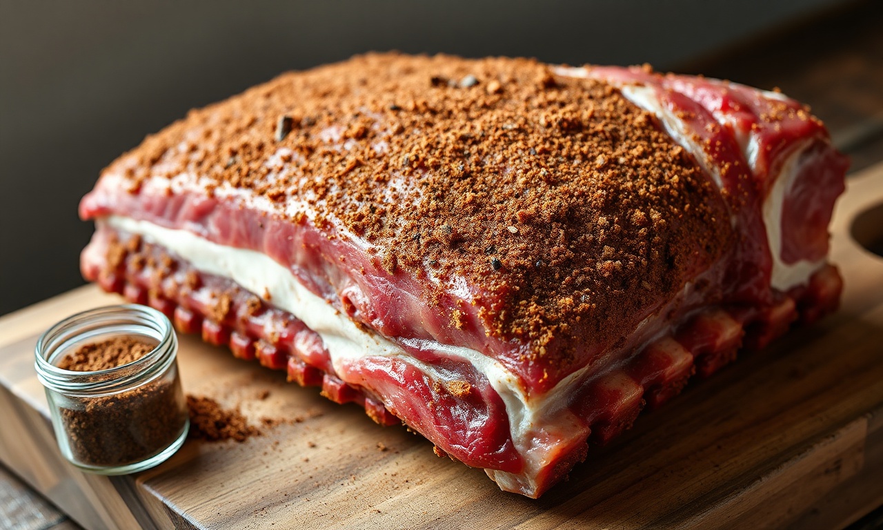 Costela de porco com uma generosa camada de dry rub, formando uma crosta escura, brilhante e aromática, pronta para ir ao forno ou churrasqueira.