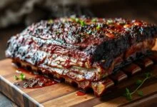 Costela de porco com uma camada escura e aromática de dry rub, pronta para servir.
