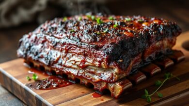 Costela de porco com uma camada escura e aromática de dry rub, pronta para servir.