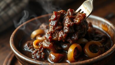 Costela de boi cozida na pressão, extremamente macia e desfiada, coberta por um molho escuro e encorpado com pedaços de cebola.