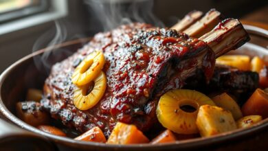Costela de porco macia e caramelizada, com rodelas douradas de abacaxi e legumes assados, pronta para servir.