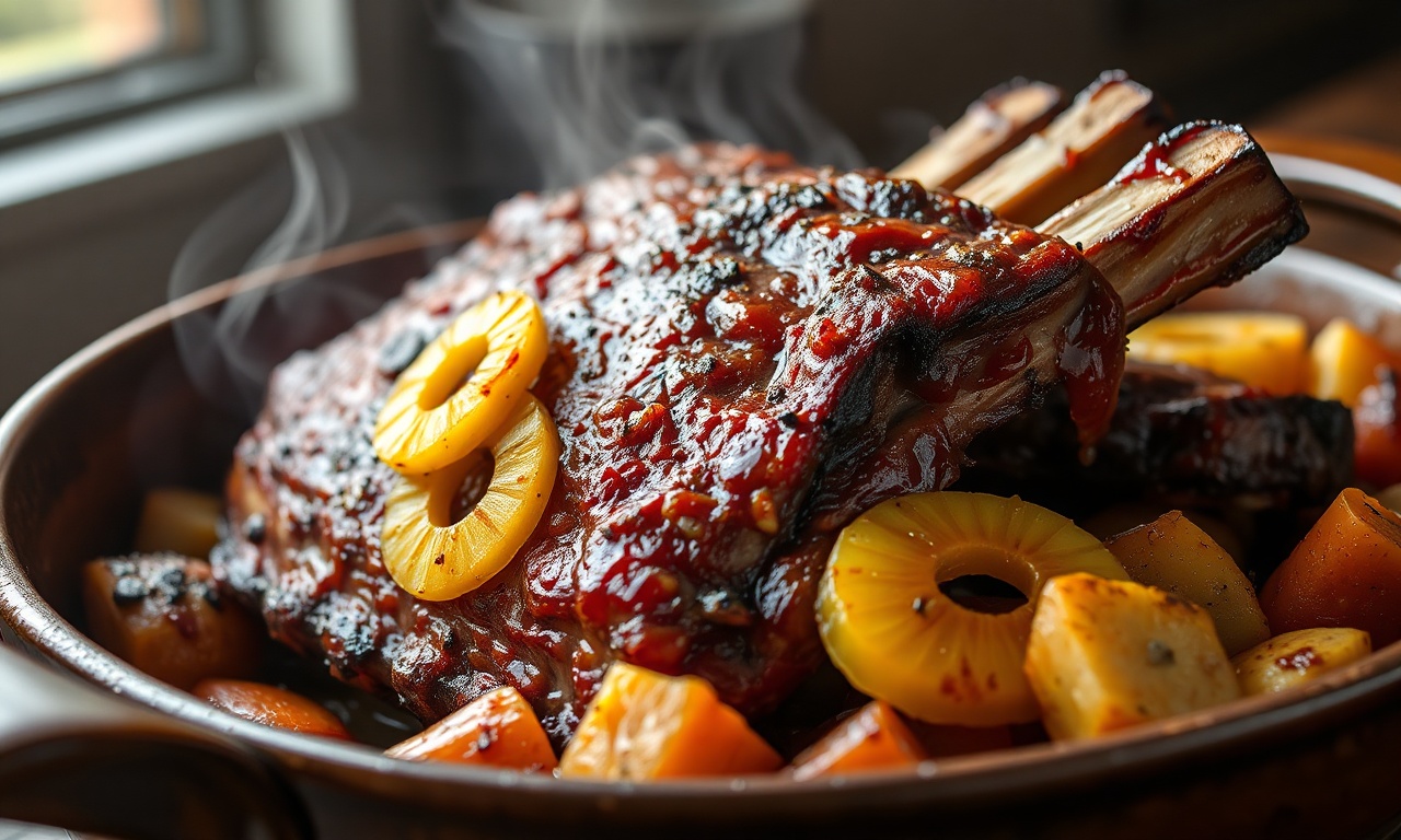 Costela de porco macia e caramelizada, com rodelas douradas de abacaxi e legumes assados, pronta para servir.