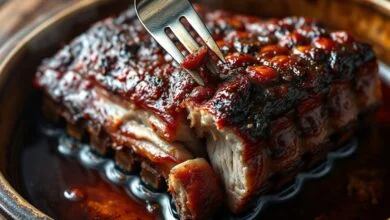 Costela de porco macia, desmanchando do osso, com uma crosta dourada e brilhante, servida em uma assadeira rústica com o caldo da carne ao redor.