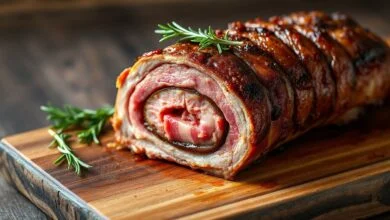 Fatias de costela desossada recheada com bacon e calabresa, exibindo o interior suculento e a casca dourada e crocante por fora.