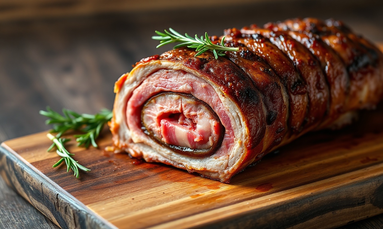 Fatias de costela desossada recheada com bacon e calabresa, exibindo o interior suculento e a casca dourada e crocante por fora.