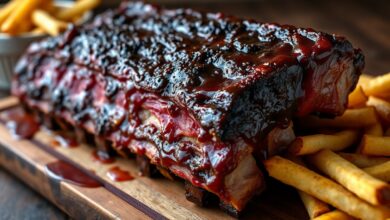 Costela suína inteira com brilho intenso de molho barbecue