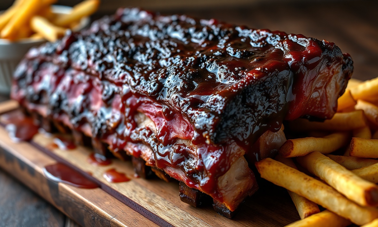 Costela suína inteira com brilho intenso de molho barbecue