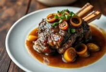 Costela bovina incrivelmente macia desmanchando no garfo, coberta por cebolas caramelizadas douradas e cheiro-verde fresco picado, servida em prato branco com caldo encorpado ao redor