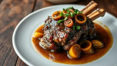 Costela bovina incrivelmente macia desmanchando no garfo, coberta por cebolas caramelizadas douradas e cheiro-verde fresco picado, servida em prato branco com caldo encorpado ao redor
