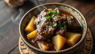 Um prato rústico com pedaços de costela macia desfiada, rodelas de mandioca dourada e um caldo espesso e encorpado, finalizado com cheiro-verde fresco.