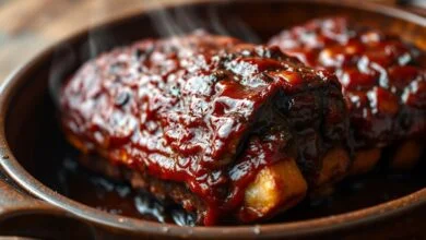 Costelinha de porco assada com casca caramelizada, brilhante, desfiando levemente, servida em assadeira de barro.