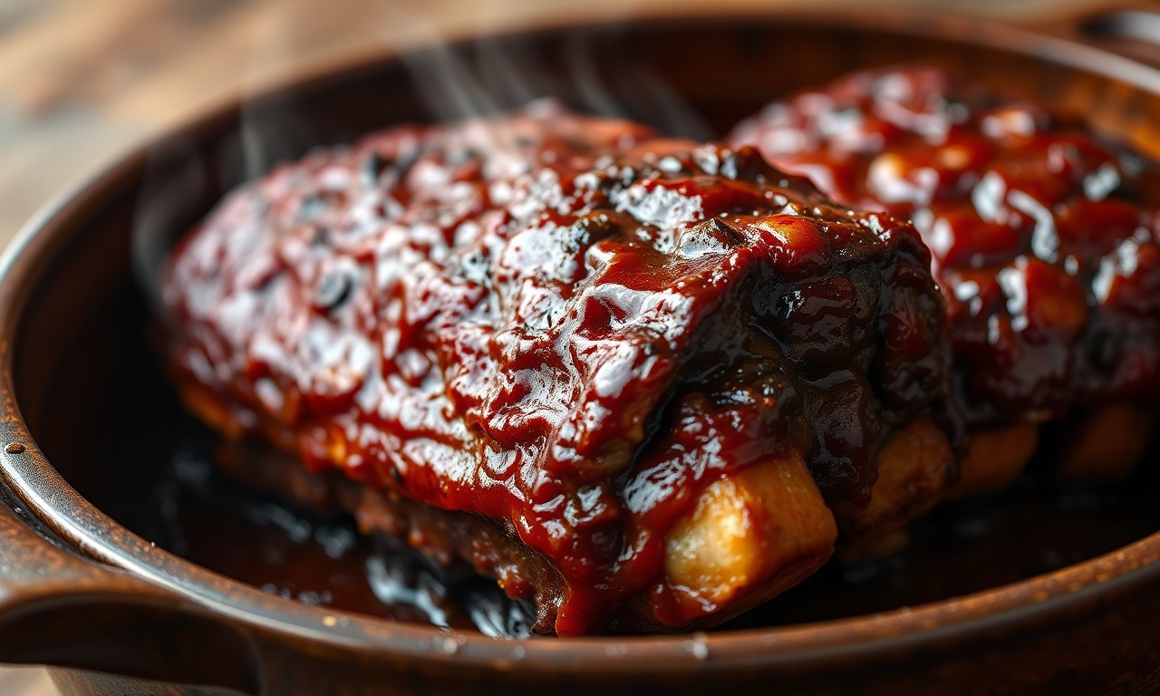 Costelinha de porco assada com casca caramelizada, brilhante, desfiando levemente, servida em assadeira de barro.