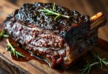 A costela minga assada, dourada e macia, desmanchando ao ser tocada por um garfo.