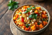 Tigela de couscous marroquino dourado com cubos de legumes coloridos e folhas verdes frescas.