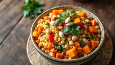 Tigela de couscous marroquino dourado com cubos de legumes coloridos e folhas verdes frescas.
