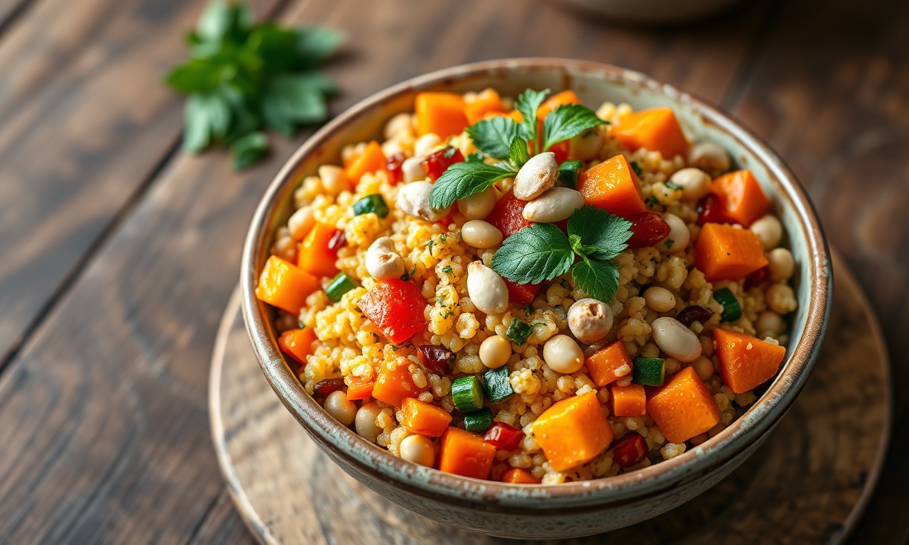 Tigela de couscous marroquino dourado com cubos de legumes coloridos e folhas verdes frescas.