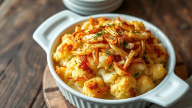 Refratário com couve-flor gratinada dourada, coberta por uma camada generosa de batata palha crocante, com o molho cremoso borbulhando nas laterais.