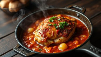 Coxa de frango com pele dourada e crocante, banhada em molho de tomate caseiro e salsinha fresca, servida em uma panela de ferro funda.