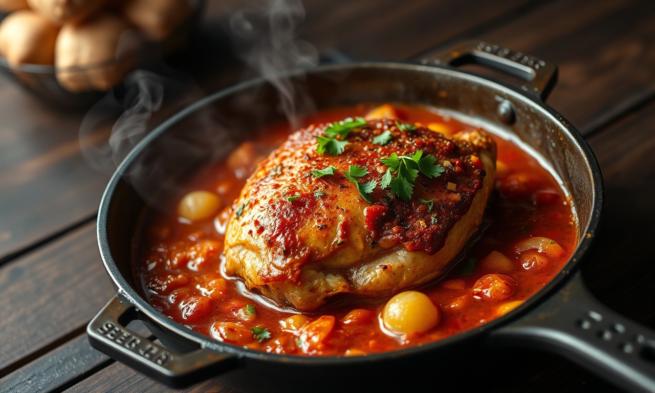 Coxa de frango com pele dourada e crocante, banhada em molho de tomate caseiro e salsinha fresca, servida em uma panela de ferro funda.