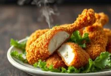 Coxas de frango douradas com crosta de panko estalando, servidas em prato rústico com folhas frescas