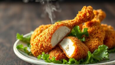 Coxas de frango douradas com crosta de panko estalando, servidas em prato rústico com folhas frescas