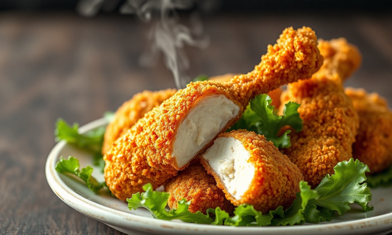 Coxa De Frango Empanada Crocante: Receita Fácil Em 50 Min 3 Coxas de frango douradas com crosta de panko estalando, servidas em prato rústico com folhas frescas