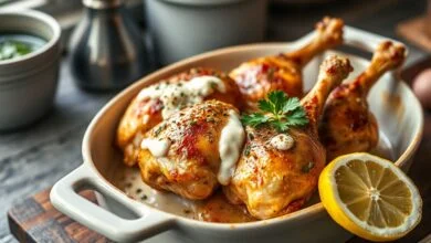 Pedacinhos de frango com a pele dourada e crocante, cobertos por uma camada cremosa de maionese gratinada, servidos em um refratário de vidro com gotas de limão fresco.