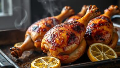 Frango dourado com pele estalada, finalizado com rodelas de limão assado e ervas frescas.