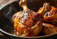 Frango assado com pele dourada e crocante, suculento e perfeitamente temperado, pronto para servir.