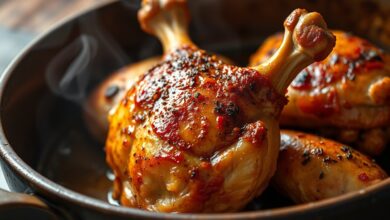 Frango assado com pele dourada e crocante, suculento e perfeitamente temperado, pronto para servir.