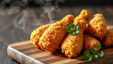 Asas de frango empanadas e douradas, com a pele crocante e a carne suculenta, prontas para servir.