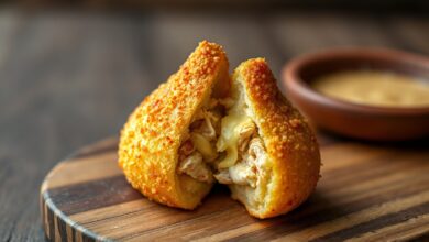 Coxinha de frango com catupiry dourada, crocante, com formato de gota clássico, cortada ao meio revelando o recheio cremoso de frango desfiado e catupiry derretido.
