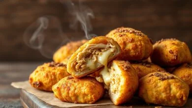 Coxinhas douradas e crocantes, com uma unidade cortada ao meio mostrando o frango desfiado e o catupiry derretendo.