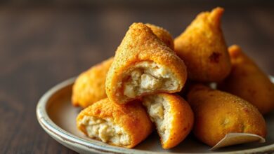 Coxinhas douradas com casca crocante, formato de gota perfeito, empilhadas em um prato rústico com recheio cremoso visível na mordida