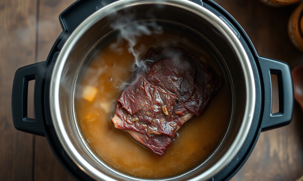 A carne seca cozendo na panela de pressão com o caldo