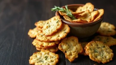 Crackers dourados, finos e crocantes com pedaços de alecrim fresco, servidos em um bowl de cerâmica rústico.