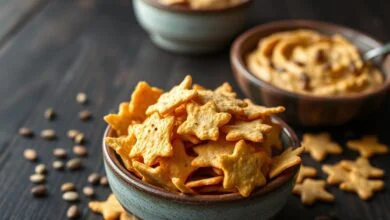 Bowl de crackers de sementes dourados e quebradiços, prontos para um petisco saudável.