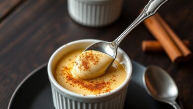 Creme espanhol aveludado com crosta de caramelo dourado e crocante, servido em ramequim de cerâmica branca.