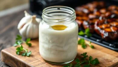 Um pote de vidro transparente com o creme de alho branco, denso e homogêneo, apresentado sobre uma tábua de madeira rústica, pronto para servir.