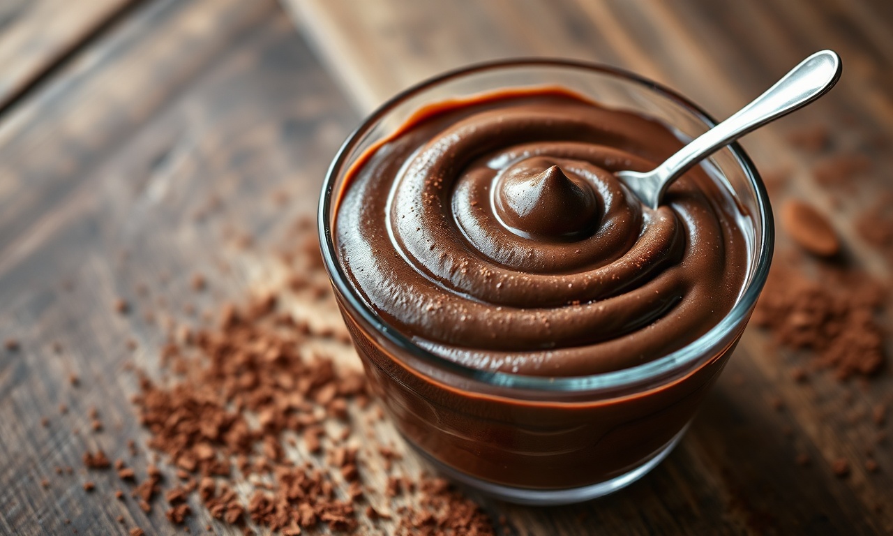 Tigela de vidro com creme de cacau escuro e cremoso, textura lisa de mousse, pronto para servir.