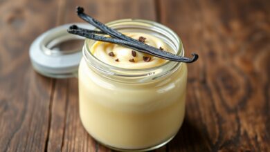Um pote de vidro transparente repleto de creme de confeiteiro amarelo pálido, liso e brilhante, com uma baunilha inteira ao lado e uma pitada de raspas de baunilha no topo.